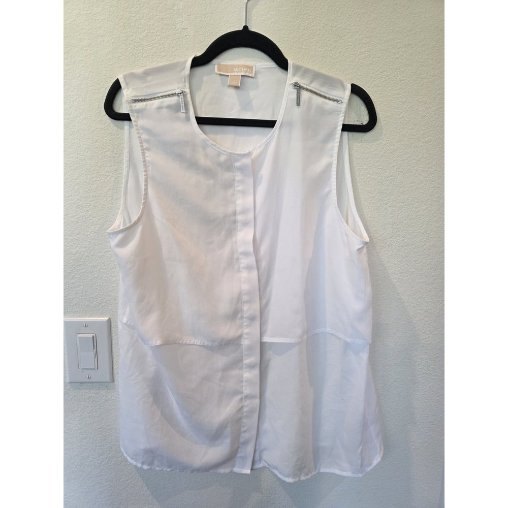 Michael Kors White Sleeveless Blouse Silver Zipper Sz L Minimalist Luxury Chic - Picture 2 of 6